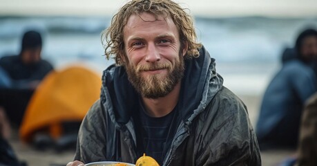 A homeless man smiles while enjoying a warm meal on the beach, surrounded by a supportive community. His backpack hints at a nomadic lifestyle, embodying resilience and hope despite hardships