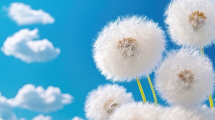 Obraz premium Fluffy dandelion clocks against a blue sky, spring nature background for websites or greeting cards