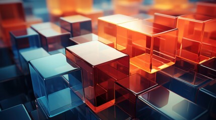 Abstract Composition of Glass Cubes:  A Stunning Display of Red and Blue Geometric Shapes