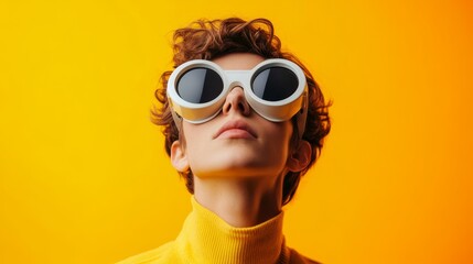 Captivating Portrait of a Trendsetting Individual in Vibrant Sunglasses Against Yellow Background