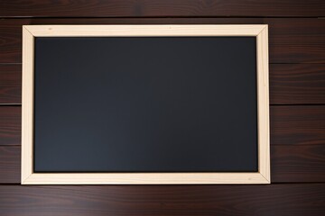 A blank black chalkboard with a simple wooden frame placed on a wooden surface.