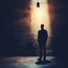 Obraz premium Silhouette of a Man in Contemplation Under a Dramatic Lightbulb's Glow