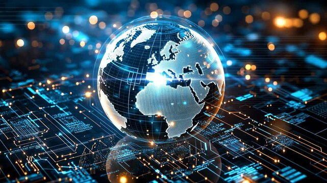 Global Network Digital Earth on Futuristic Circuit Board