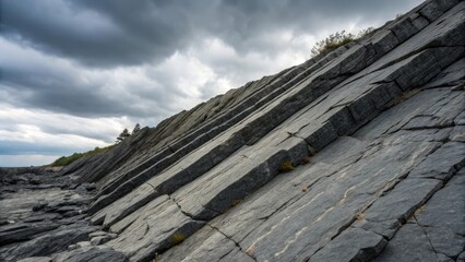 Abstract Grunge Background of Stone Layers Under Dramatic Clouds on a Rocky Shoreline