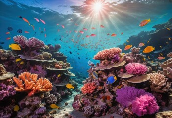 Fototapeta premium Vibrant Coral Reef Scene with Colorful Fish Swimming in Sunlit Ocean Water