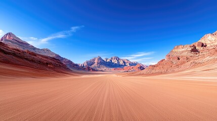 Naklejka premium Desert road leading to majestic mountains under a clear blue sky