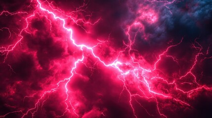 Intense pink lightning strikes across a dark cloudy sky creating a dramatic and powerful scene
