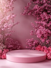 Pink floral display with round platform for product presentation in a soft light setting