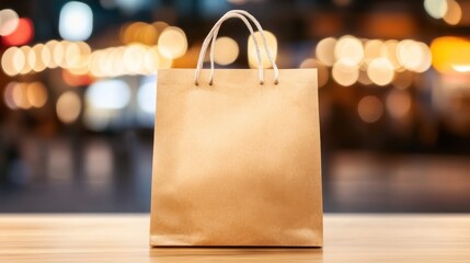 A simple, elegant paper shopping bag stands on a table with a blurred, colorful background of lights, suggesting a retail or festive atmosphere.