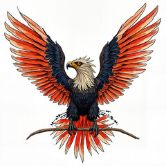 Obraz premium A stunning illustration showcases a majestic eagle with vivid red and black feathers, perched on a slender branch, embodying strength and beauty