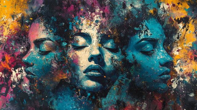 Abstract Portrait Art Featuring Three Faces with Colorful Background