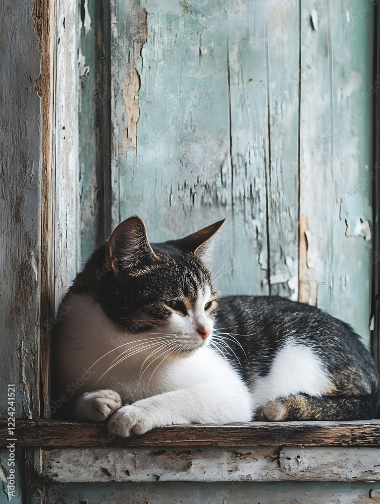 Aufkleber Peaceful Cat Resting in Rustic Window Seat with Weathered Details : Generative AI