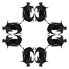 Geometrical frame with dancing Ancient Greek women. Black and white silhouette. 