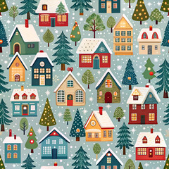 Fototapeta premium Charming Christmas Village with Snowy Houses and Festive Lights
