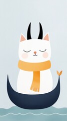 Fototapeta premium A cute watercolor illustration of a Viking cat with a horned helmet and fluffy scarf sitting on a longship, the concept of Copyspace and the Generation of new ideas.
