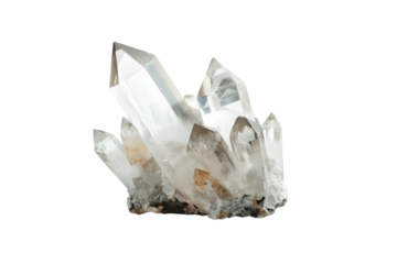 Natural quartz crystal cluster showcasing shimmering facets and unique formations on a soft white background isolated on transparent background