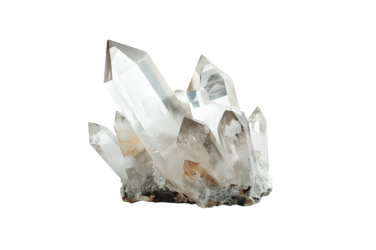 Natural quartz crystal cluster showcasing shimmering facets and unique formations on a soft white background isolated on transparent background