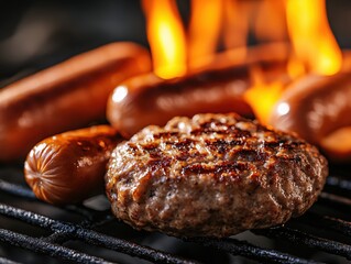 Grilled hamburger and hot dogs on a barbecue with flames creating a warm cooking scene