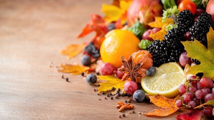 Autumn harvest fruits and berries on wood