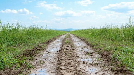 Muddy road through grassy field, sunny day, hills in distance