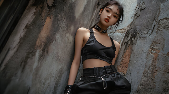 Asian teen girl fashion model in a sleek, all-black outfit with edgy accessories leans against a textured wall in an urban alleyway, radiating a modern and rebellious attitude 