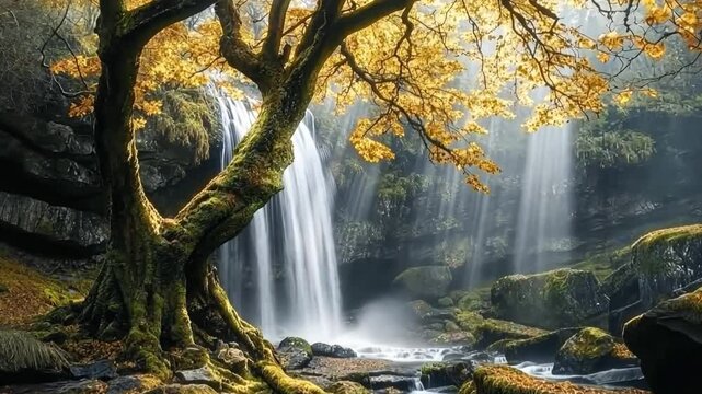 This video captures a serene waterfall surrounded by a stunning tree. The combination of light and nature creates a peaceful atmosphere. Ideal for nature lovers and tranquility seekers. Generative AI