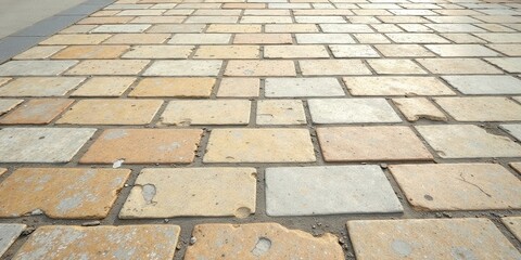 Fototapeta premium A Recessed Perspective of a Pavement Composed of Varied-Colored Rectangular Stone Blocks, Showing Subtle Variations in Hue and Minor Imperfections