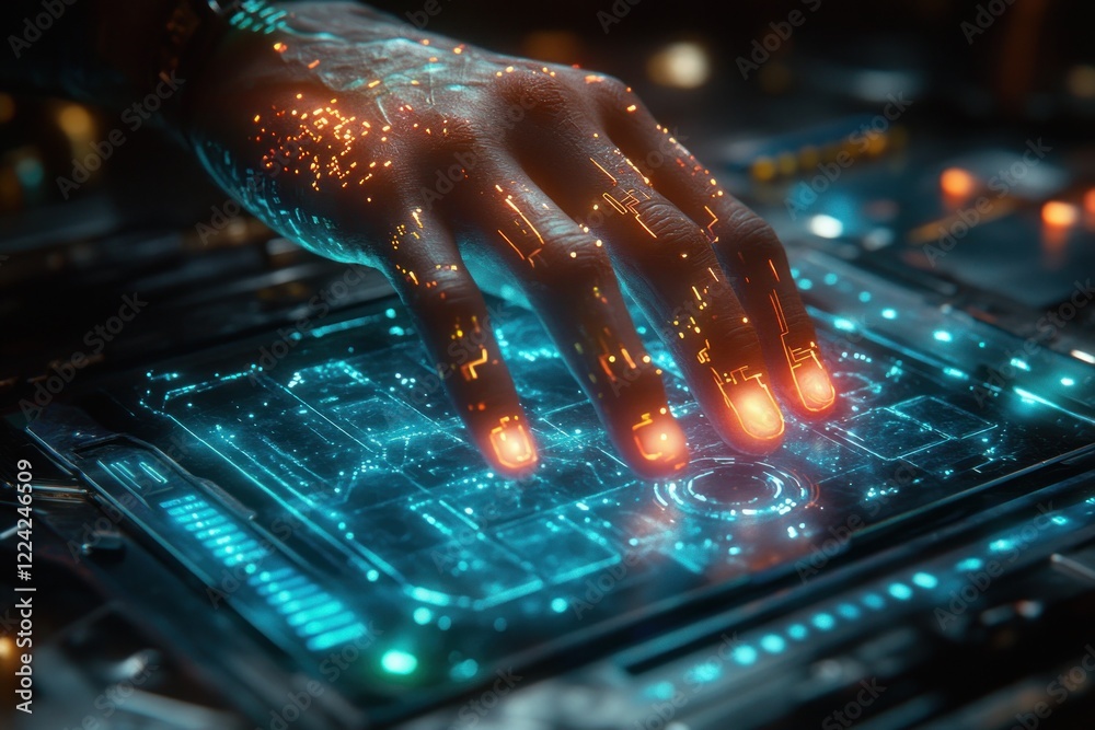 Poster Large Language Model Interface in Cyberpunk Futuristic Workspace with AI Data Transfer and Generative Learning