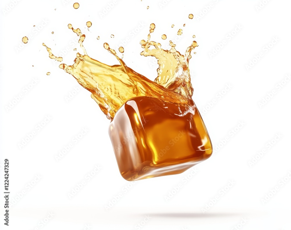 Aufkleber amber liquid splashing from a cube of ice.