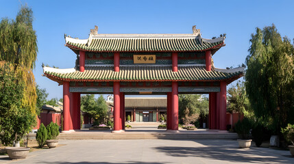 Obraz premium Grand Entrance of Traditional Chinese Temple With Ornate Roof and Scenic Surroundings : Generative AI