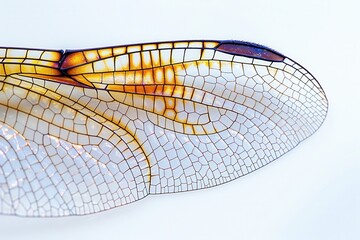 Delicate details of a dragonfly wing highlighting intricate patterns and vibrant hues under soft lighting isolated on transparent background