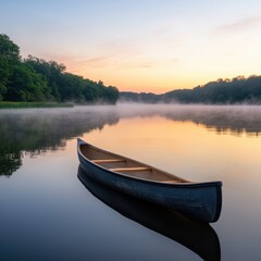 Fototapeta premium Serene Canoe on Misty Lake at Sunrise