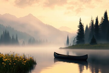 Obraz premium Serene Canoe on Misty Lake at Sunrise with Mountain View