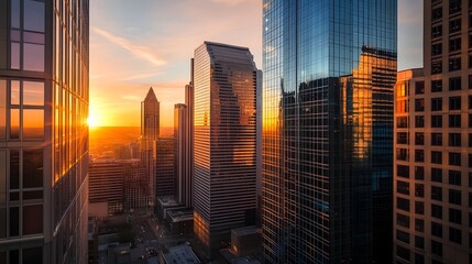 A cityscape at dawn with sunset