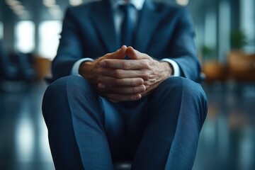 Business Consultant in Dark Blue Suit at Modern Office with Hand Gesture in Soft Natural Light