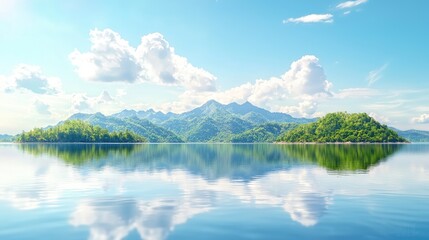 Serene lake, mountains reflecting, idyllic landscape, peaceful travel postcard