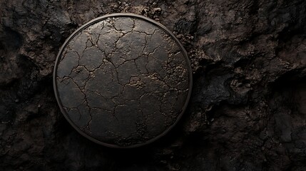 Cracked earth disc, dark soil background, texture, design