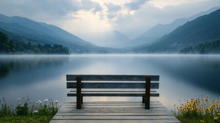 Serene Lake Landscape with Wooden Bench at Dawn