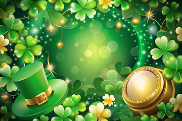 Green St. Patrick's Day background with leprechaun hat and pot of gold.