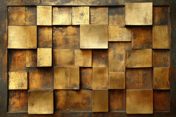 Large gold and black abstract painting on a white wall. Bold brushstrokes swirl amid splashes of color, creating a dynamic and textured composition.