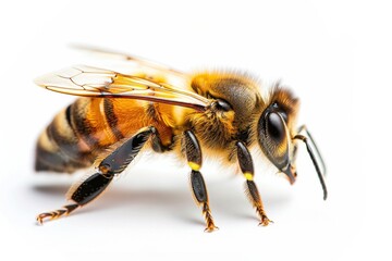 A close-up view of a honeybee showcasing its intricate wings and fuzzy body highlights nature's art in vibrant detail isolated on transparent background