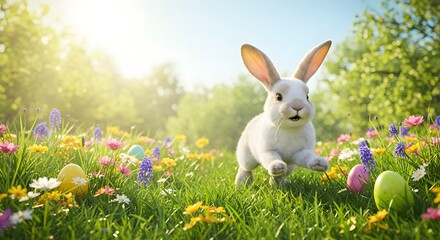 Adorable Easter Bunny in Spring Meadow with Colorful Eggs