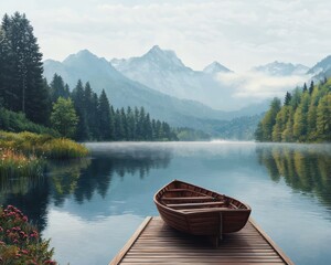 Serene Mountain Lake with Wooden Rowboat at Dawn