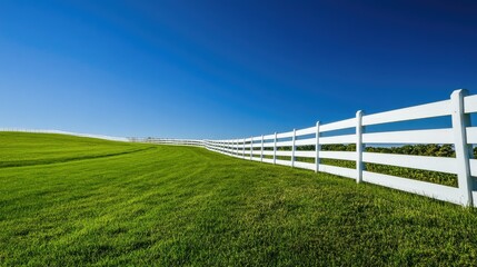 Fototapeta premium A tranquil scene of green grass bordered by a white fence, with the clear blue sky completing the idyllic setting
