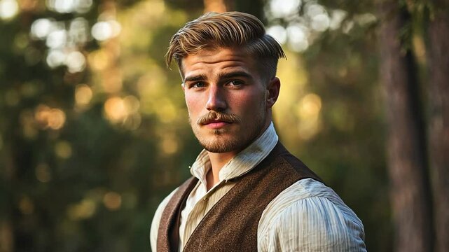 18th century man smiling wearing vintage attire at outdoor park