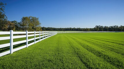 Fototapeta premium A vibrant field of green grass stretches out to meet a crisp white fence, all under a clear and cloudless blue sky