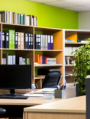 Organized Modern Office with Colorful Shelves and Work Desk Enhancing Productivity : Generative AI