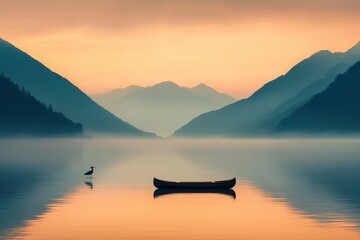 Serene Sunrise over Misty Lake and Mountains with Small Boat