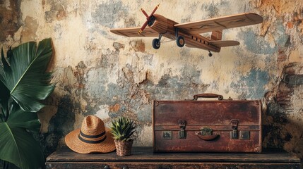 Fototapeta premium A vibrant travel scene with a suitcase, tropical accessories, and a wooden plane on a rustic, textured backdrop
