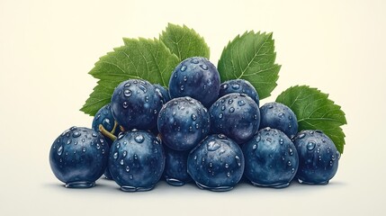 Fototapeta premium Fresh juicy dark grapes with leaves, studio shot, white background, food photography